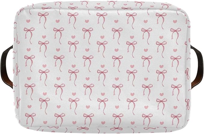 Wamika Pink Ribbon Bow Storage Basket with Waterproof Liner and PU Handles White Bow Tie Cute Storage Bins Boxes 14.2" Collapsible Decorative Organizer Baskets for Bedroom Closet Office 2 Pack