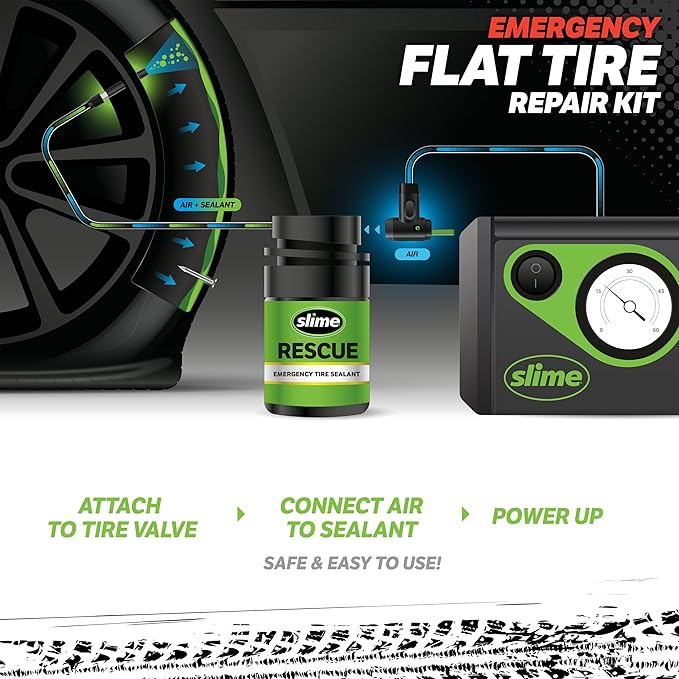 Slime 50138 Flat Tire Puncture Repair, Smart Spair Plus, Emergency Kit for Car Tires, Includes Sealant and Tire Inflator Pump, Suitable for Cars and Other Highway Vehicles, 12 Min Fix