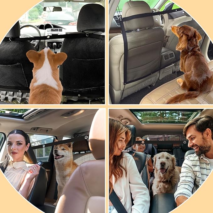 Dog Car Barrier Net,Universal Back Seat Barrier for Dogs with Adjustable Ropes & Hooks, One-Piece Mesh Divider for SUV, Pickup, Trucks, Vans