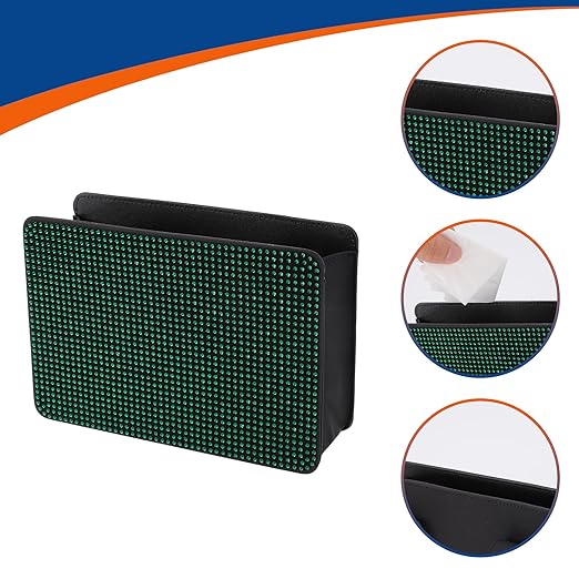 ACROPIX Car Trash Can Trash Bin Foldable 7.9" Length 2.8" Width 5.5" Height Green Black Rhinestone Faux Leather