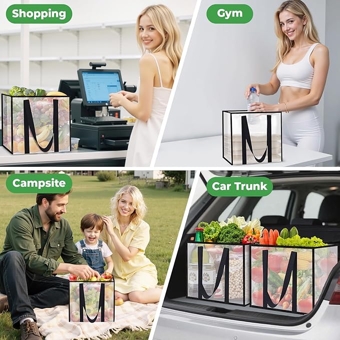 4 Pack Reusable Grocery Bags, Heavy-Duty Shopping Bags with Sturdy Handles, Water-Resistant & Foldable Organizer, Shopping Bags for Groceries, Market, Car Trunk, Multi-Purpose, 42L