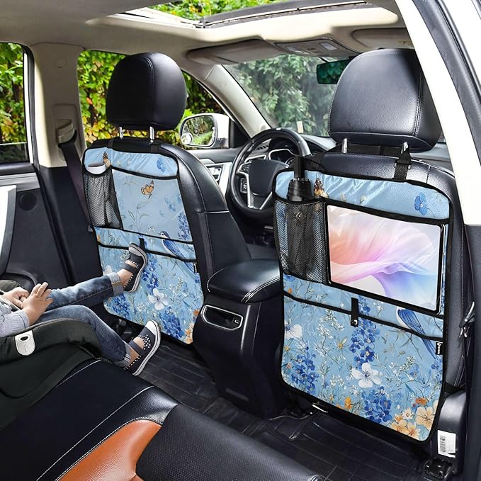 Light Blue Floral Bluebonnet Butterflies 2 Pack Backseat Car Organizer with Storage Pockets Seat Back Organizers for Kids Kick Mats Backseat Protector Automotive