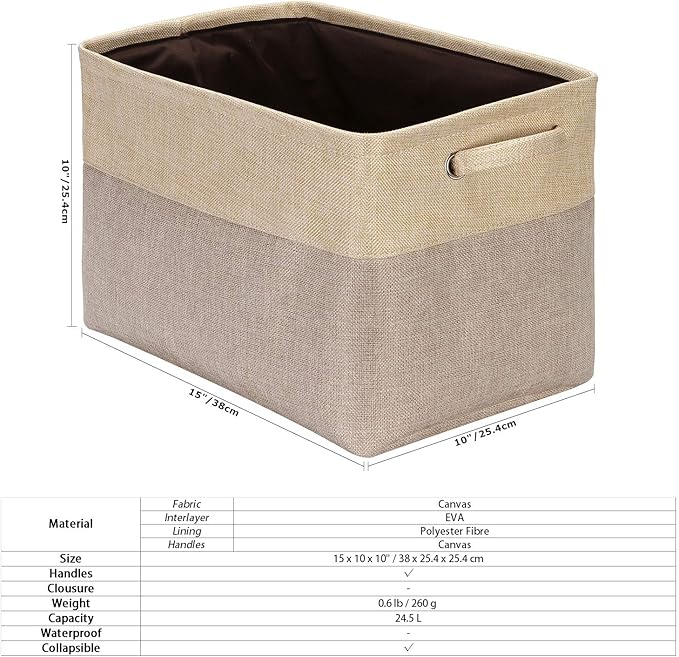 Sea Team 3-Pack Large Storage Basket Set, Trunk Organizer, Clothes Toys Bin, 15 x 10 x 10 Inches, Big Rectangular Canvas Fabric Collapsible Shelf Box with Handles for Kids Room (Tan/Beige)