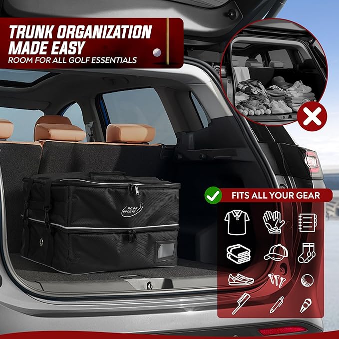 Golf Trunk Organizer β Portable Car Organization & Truck Bed Bag for Men β Smart Holder Shoes, Balls, Gloves, Clothes Storage Bag β Shoe Glove Case & Locker for Golfers, Club, Bags & Stuff Stash