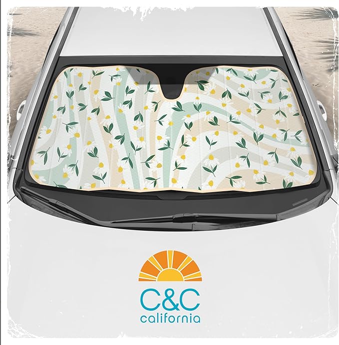 C&C Sage Floral Car Windshield Sun Shade - Sun Visor Sunshade for Car Windshield - Window Shades for Cars, SUV & Truck - Dash Cover UV Protection for Front Window Shade Accessories - 57" x 27"