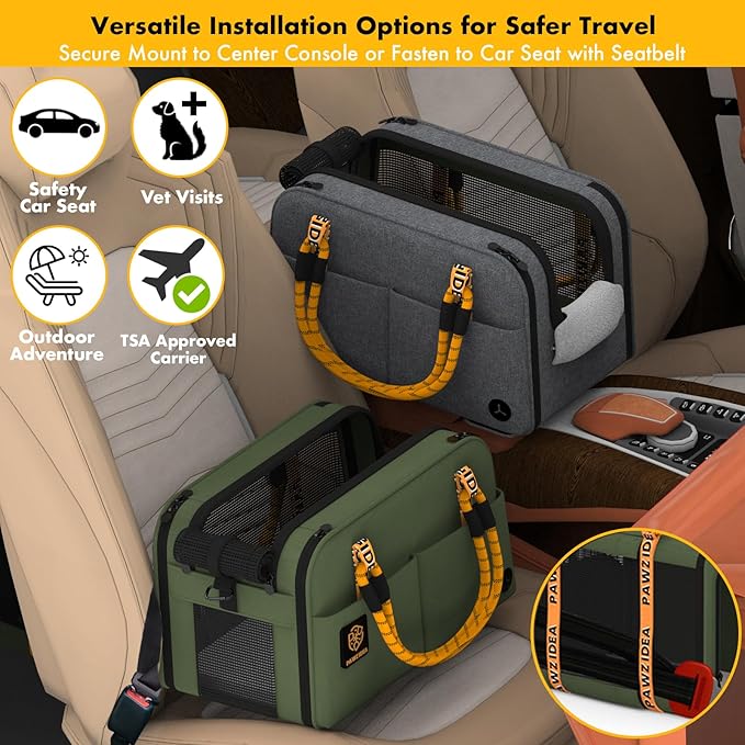 PAWZIDEA Center Console Dog Car Seat, Enclosed Small Dog Armrest Booster Carseat, Secure Straps &Anti Slip, Portable TSA Approved Puppy Pet Carrier Soft-Sided, Removable Pillow Storage Pocket, up 12lb