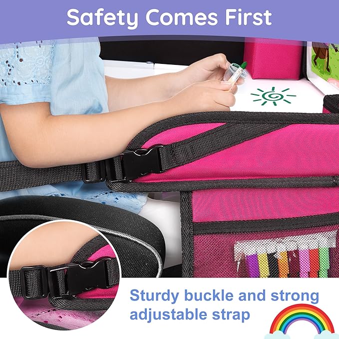 Kids Travel Tray, Kids Travel Trays for Car Seat, Road Trip Essentials for Toddler, Carseat Lap Tray with Dry Erase Board & Storage Organizer for Road Trip Activities for Kid, Pink