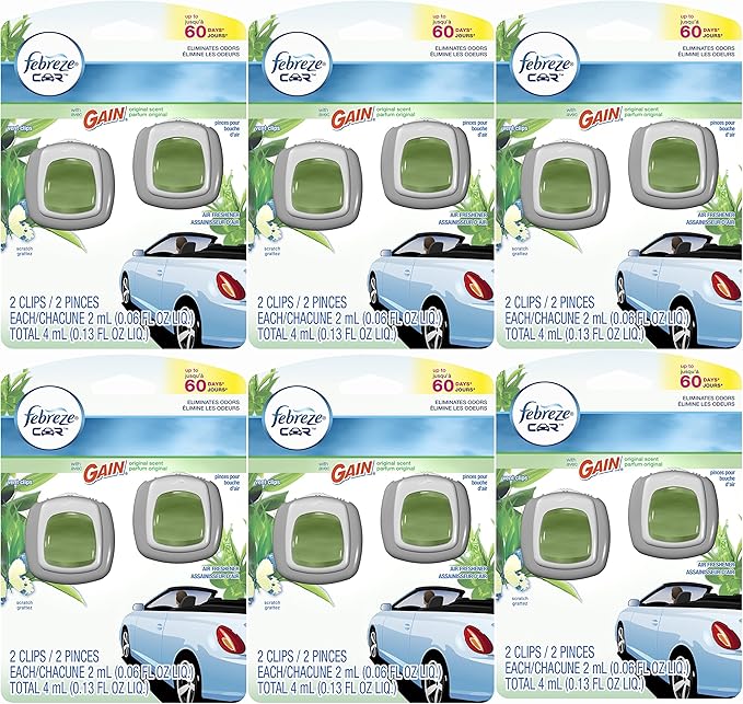 Febreze Car Vent Clip Air Freshener, Gain Original, 2 Count, (Pack of 6)