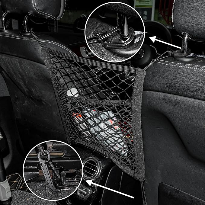 3 Layer Car Mesh Organizer Between Front Seats, Pet Dog Kid Net Barrier Car Net Pocket Elastic Storage Bag Tissue Purse Holder for SUV Truck Van, 15.7 x 13.7 Inch