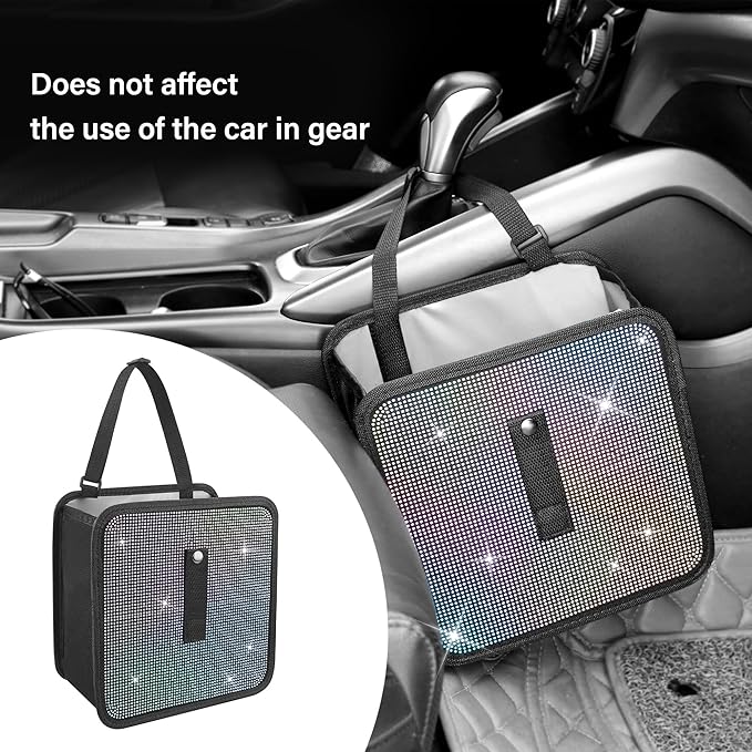 Foldable Trash Can with Rhinestone, Bling Car Bin Organizer & Decoration, Universal Garbage Can for Most Cars, SUVs, Trucks (Colorful)