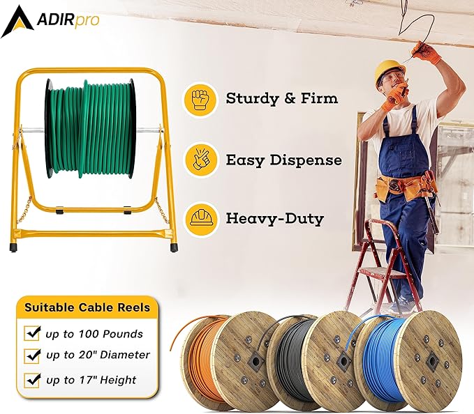 AdirPro Single Axle Cable Reel Caddy | Industrial Steel Wire Dispenser with Adjustable Spindle | Holds Reels Up to 20 in Diameter & 100 lb | Portable Design | Yellow