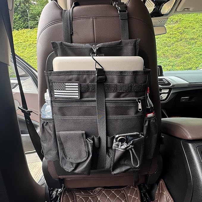 Front & Seat back organizer with dedicated tablet and 15.6 IN laptop storage stabilizers external stabilizing side straps soft adjustable shoulder straps hardened buckle Universal fits for Most of Car