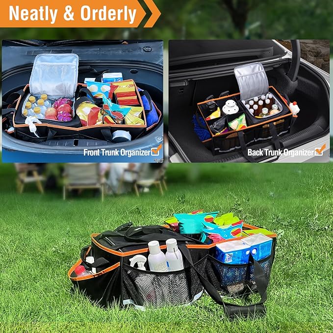 Car Front Trunk Organizer with Cooler Bag Compatible with Tesla Model Y Model 3 2020-2026, Foldable Grocery Frunk Storage Bag Collapsible for Car SUV with Multi Compartment,Black