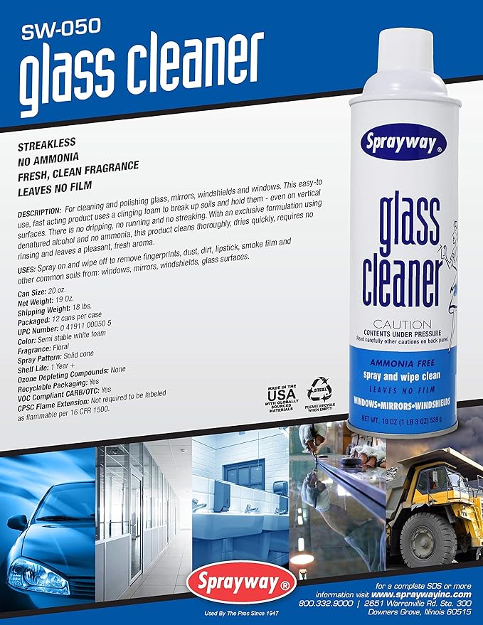 Sprayway Glass Cleaner with Foaming Spray for a Streak-Free Shine for Home and Automotive Use, 19 oz., Pack of 6