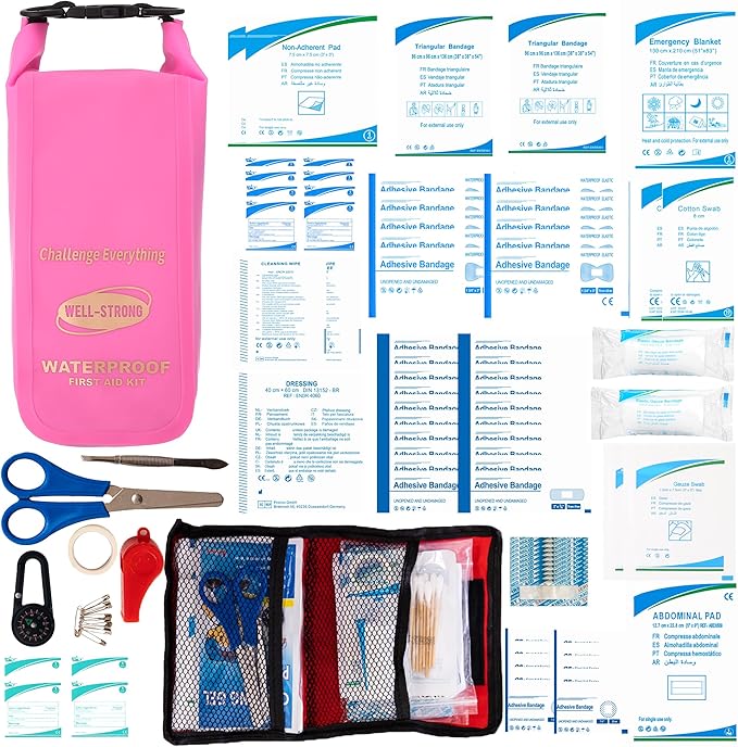 Boat First Aid Kit Waterproof, WELL-STRONG Marine Emergency Kit with Roll Top Dry Bag for Boating Fishing Kayaking – Water-Resistant Contents for Camping & Beach(Transparent Pink)