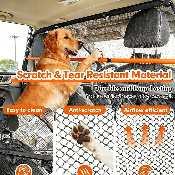 50" Dog Barrier for SUV & Truck, Pet Car Barrier Behind Front Seat – Dog Gate for Cargo Area, Back Seat Divider with See Through Net Mesh for Safety & Travel