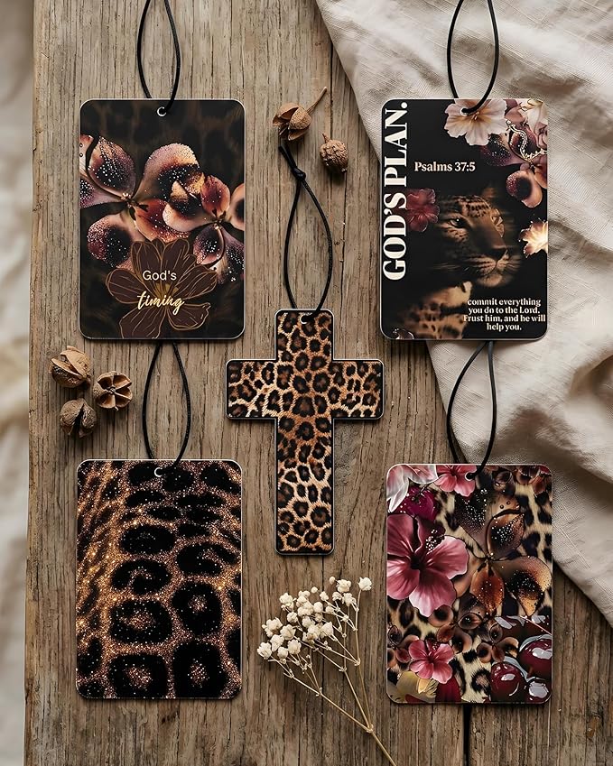 Leopard Print 5pcs Car Air Freshener Corss Christian Cheetah Print Car Accessories Automotive Interior Hanging Scents Mirror Decor for Women Teen Girls