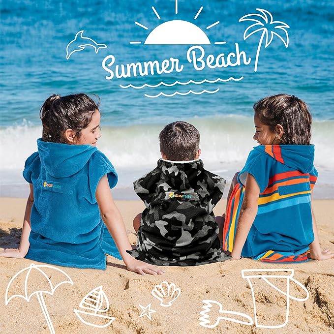SUN CUBE Kids Changing Robe Surf Poncho, Kids Beach Towels for Teens, Microfiber Hooded Wearable Swim Towel Boys Girls Teenagers