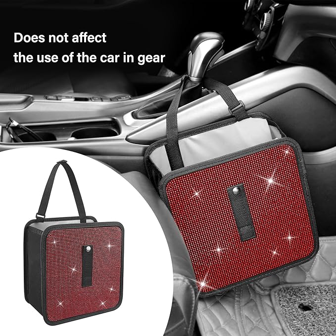 Foldable Trash Cans with Rhinestone, Bling Car Bin for Seat Organizer & Decorations, Universal Bling Accessories for Most SUVs, Trucks (Red)