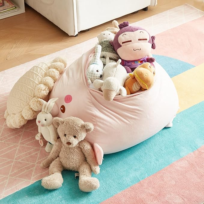 CUEBEAR Stuffed Animal Storage Bean Bag Chair Cover for Kids Pink Pig Plush Bean Bag Chair for Girls Large Size Toy Organizer Cover Only Without Filling