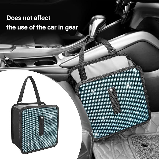 Foldable Trash Cans with Rhinestone, Bling Car Bin for Seat Organizer & Decorations, Universal Bling Accessories for Most Cars, SUVs, Trucks (Blue)