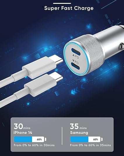 iPhone Car Charger,【2Pack】Dual Port USB C Fast Charger Car Power Adapter [Apple MFi Certfied] Apple Charging Cigarette Lighter with 2Pack Lightning Cable for iPhone 14 13 12 Pro 11 X SE 8 iPad- Silver