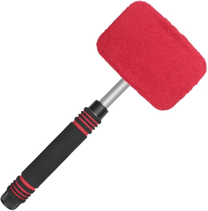 HZEL Car Windshield Cleaner Tool with Extendable Handle, Vehicle Glass Wiper Window Cleaning Tool with 2 Reusable Microfiber Pad, Auto Windscreen Detailing Cleaner Kit, Universal Fit (Square Red)