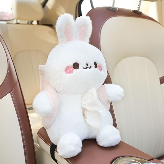 2-in-1 Car Tissue Holder & Trash Bin Organizer Cute Plush Bear/Rabbit/Capybara for Armrest Easy to Install Soft & Adorable (Rabbit)