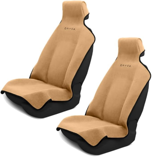 DryvaSeat - Premium Microfiber Towel Car Seat Cover - Waterproof & Sweatproof - Universal Fit, Machine Washable, Non-Slip - Seat Protector for Car, Truck, SUV, Van (Tan, 2 Pack)