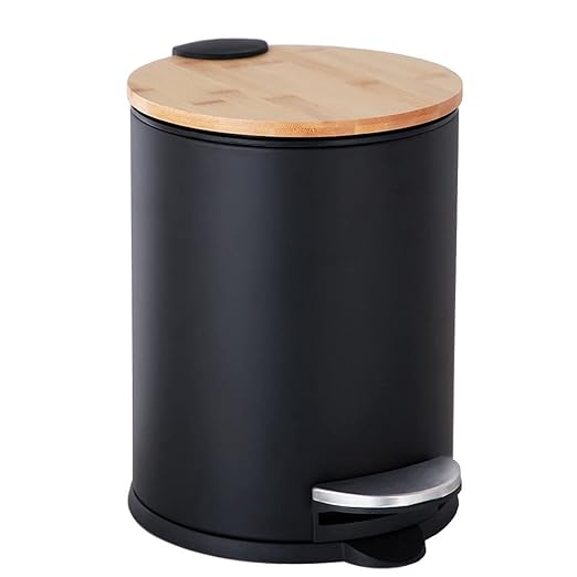 Mini Trash Can with Bamboo Lid Soft Close and Foot Pedal, 0.8Gal / 3L Tiny Round Trash Can with Removable Plastic Inner Wastebasket for Bathroom, Bedroom, Powder Room, Office, Desk, Car, Black