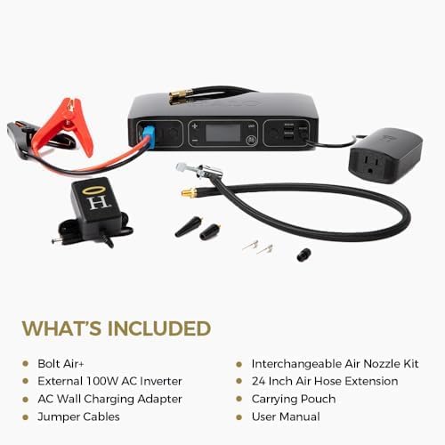 HALO Bolt Air+ AC 55500 Portable Car Battery Jump Starter | 100 PSI Air Compressor, 55.5Wh USB Power Bank with AC Outlet, Emergency Floodlight & Charger, Jump Cars SUVs & Trucks, Inflate Tires — Black