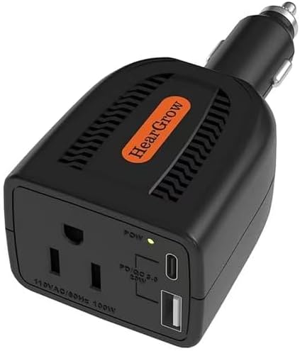 HearGrow100w Car Power Inverter, 12V DC to 110V AC Vehicles Converter with USB Ports，Plug Adapter Outlet and Fast Charging PD3.0 Type-C for Phones, Pads, Laptops and Computer Charger