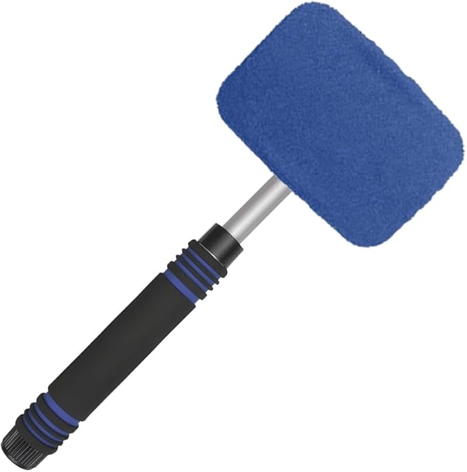 HZEL Car Windshield Cleaner Tool with Extendable Handle, Vehicle Glass Wiper Window Cleaning Tool with 2 Reusable Microfiber Pad, Auto Windscreen Detailing Cleaner Kit, Universal Fit (Square Blue)