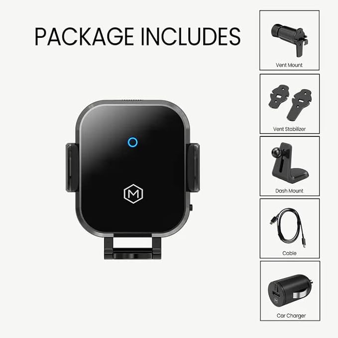 Fast Wireless Car Charger Mount 2.0 Mini Grip Cradle for iPhone 13 Onwards, Samsung Galaxy Z Flip/Fold & Qi-Enabled Devices, 15W Charging, Auto-Clamping, Dash Vent Mount - 20W PD Included