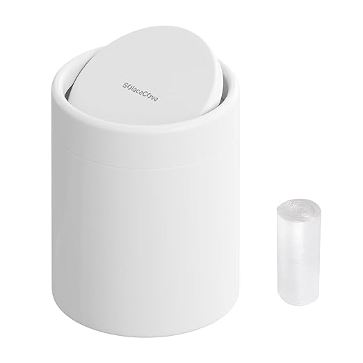 Mini Desk Trash Can with Lid for Desk,1.6L Brushed Stainless Steel Countertop Trash Can with Lid for Desktop Car Office Kitchen, Swing Top Trash Bin with a Roll of Trash Bag（White）