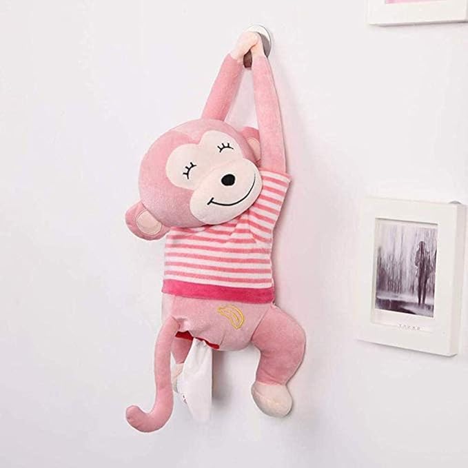 Elephant Tissue Box Cover Plush Tissue Box Holder for Car, Home, Decorative Holder/Organizer for Bathroom Vanity Countertop, Nightstands, Office Desk-Pink Monkey
