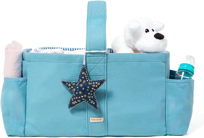 Folkulture Baby Diaper Caddy | Cotton Diaper Bag for Kids - Stylish Comfort Spacious Travel Essential Cart | Nursery Storage Bin and Car Organizer for Diapers, Wipes (Sky Blue - 15")