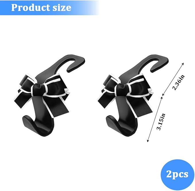 2PCS Car Seat Headrest Hooks, Cute Bow Vehicle Backseat Storage Hanger for Handbag Umbrella Coat, Automotive Seat Back Hook Holder Organizer Decor, Universal for Vehicles (Black/White)
