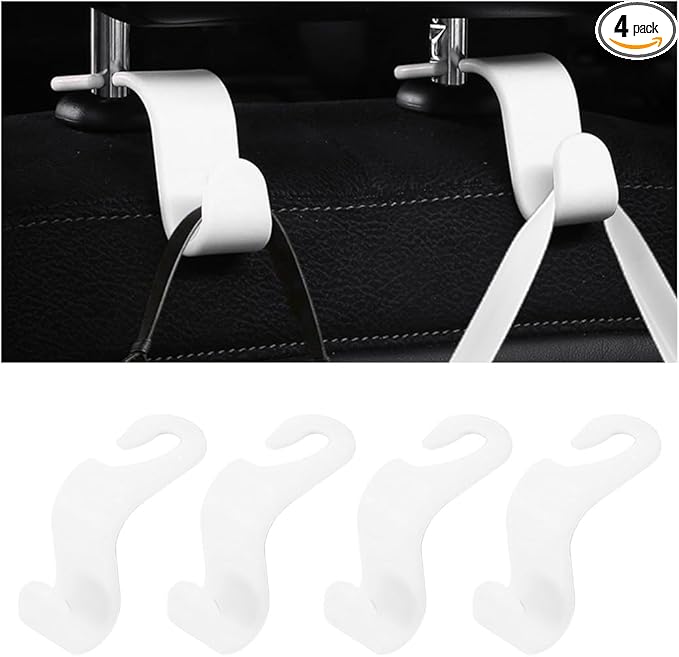 Car Seat Headrest Hooks, Multifunctional 4PCS Vehicle Back Seat Storage Hanger Holder for Hangbag Coat Grocery, Auto Interior Headrest Hook Organizer, Universal for Vehicles (White)