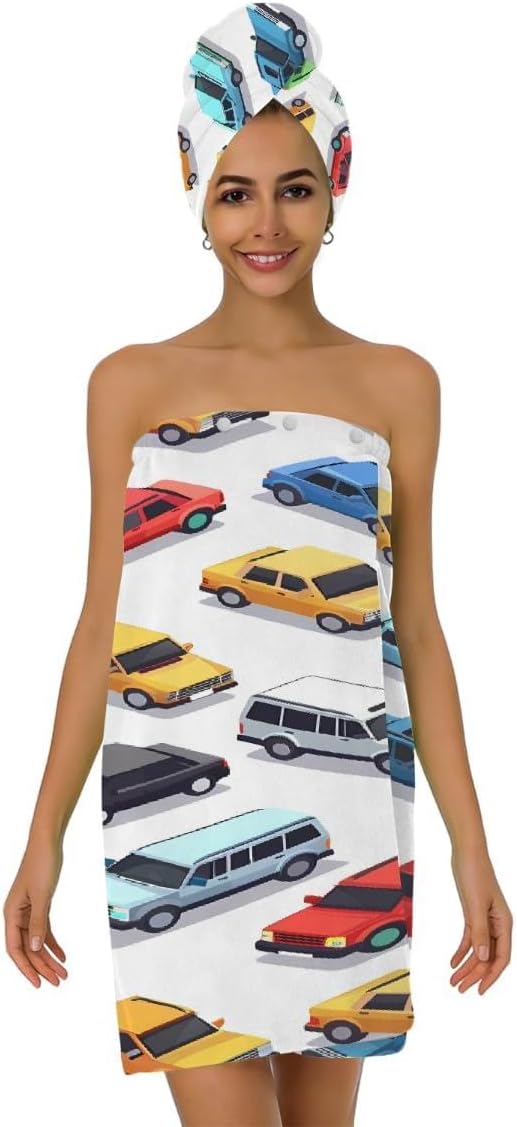 Women Bath Wrap Hair Towel Drying Cap Set Colorful Cars Pattern Soft Absorbent Bathrobe Shower Wraps with Adjustable Closure Spa Bath Robe