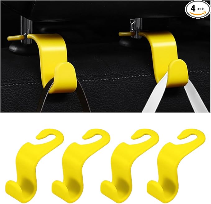 Car Seat Headrest Hooks, 4PCS Multifunctional Vehicle Back Seat Storage Hanger Holder for Hangbag Coat Grocery, Auto Interior Headrest Hook Organizer, Universal for Vehicles (Yellow)
