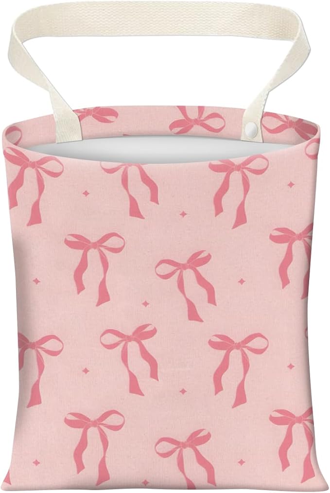 Cute Car Trash Can, Hanging Canvas Car Back Seat Organizer and Storage Bag, Funny Car Trash Bag for Travelling, Outdoor Cute Pink Bow Star