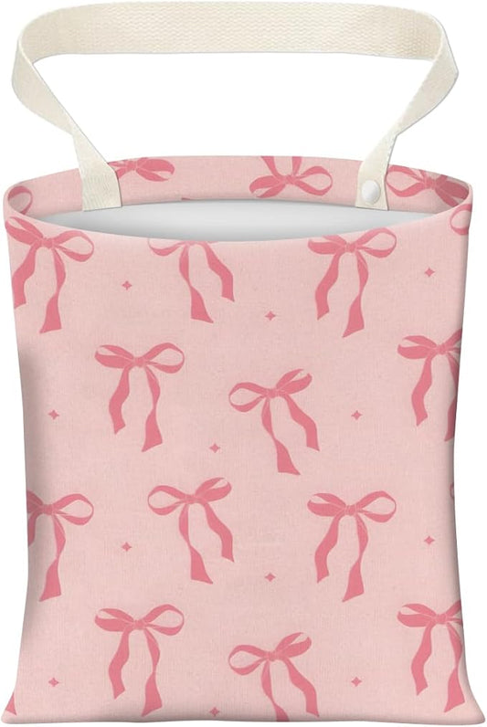 Cute Car Trash Can, Hanging Canvas Car Back Seat Organizer and Storage Bag, Funny Car Trash Bag for Travelling, Outdoor Cute Pink Bow Star