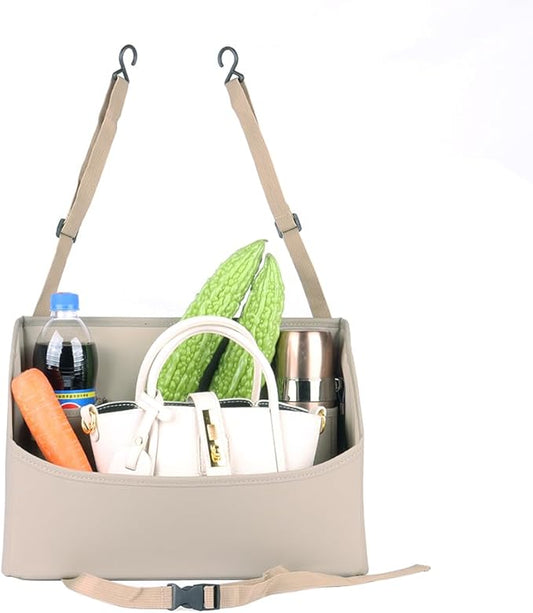 Car Handbag Purse Holder Between Seats Leather Car Front Seat Storage Bag Large Capacity Car Organizers for Book Document Phone Bottle Tissue Toy (Beige Style-1)