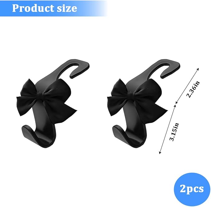 2PCS Car Seat Headrest Hooks, Cute Bow Vehicle Backseat Storage Hanger for Handbag Umbrella Coat, Automotive Seat Back Hook Holder Organizer Decor, Universal for Vehicles (Black)