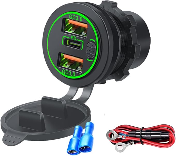 3 Ports 18W USB Car Charger with Switch, 12-24V Dual QC 3.0 USB & PD USB C Cigarette Lighter Socket Outlet, Dashboard Mount Quick Charge Charger for Car Truck Marine Boat, Green Light