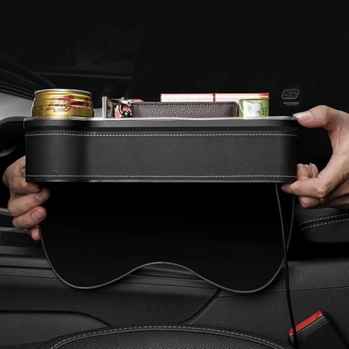 Tumecos Car Seat Gap Organizer with Light Multifunctional,with Small Cup Holder, Storage Box Car Seat Organizer, Car Seat Gap Filler with 2 USB Super Fast Charge Ports(Beige, Passenger’s Side)