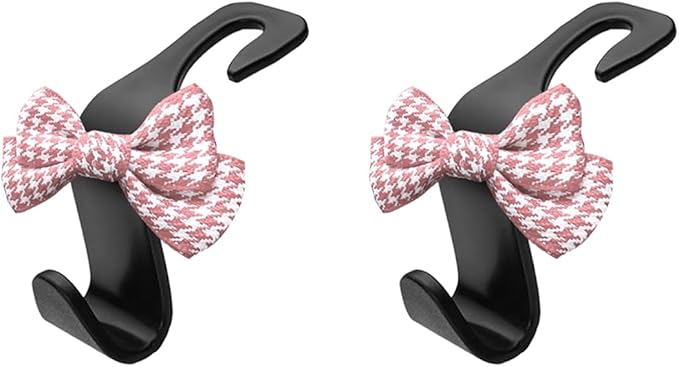 2PCS Car Seat Headrest Hooks, Cute Bow Vehicle Backseat Storage Hanger for Handbag Umbrella Coat, Auto Seat Back Hook Holder Organizer Decor, Universal for Vehicles (Small Pink Houndstooth)