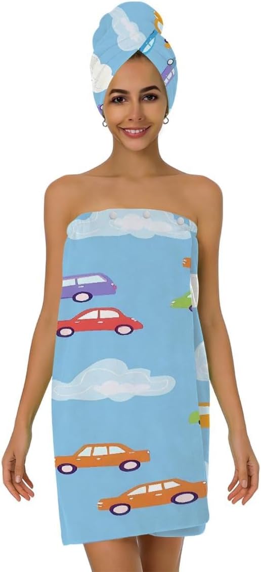 Women Bath Wrap Hair Towel Drying Cap Set Cute Cartoon Cars Clauds Soft Absorbent Bathrobe Shower Wraps with Adjustable Closure Spa Bath Robe