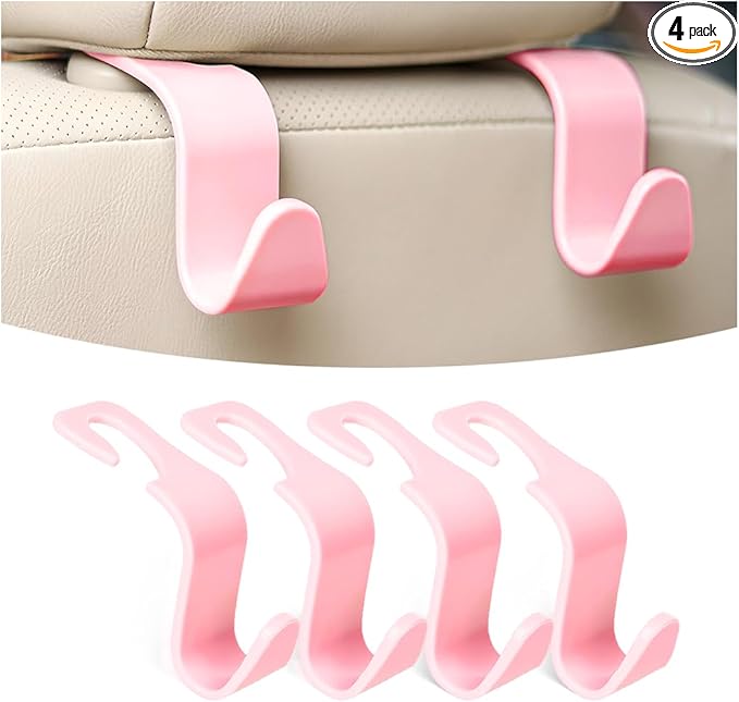 Osilly Car Seat Headrest Hook, 4 Pack Auto Seat Hanger Storage Organizer for Purse Handbag Coats Grocery Bags, Automotive Interior Accessories, Universal Vehicle Backseat Hanging Hook (Pink)